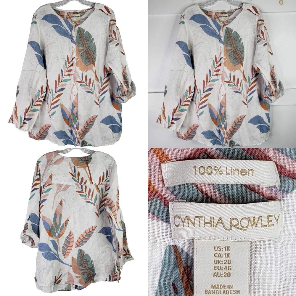 Cynthia Rowley Top Shirt Popover Womens 1X White Linen Button LS Tropical